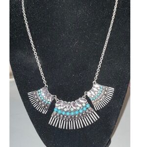 Silver Tone Fan Bib Necklace Faux Turquoise Southwestern Statement 18"
